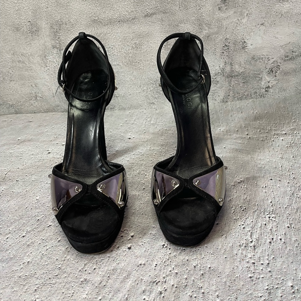 Gucci Mirror Metal Embossed Ankle Strap Heels (6B)